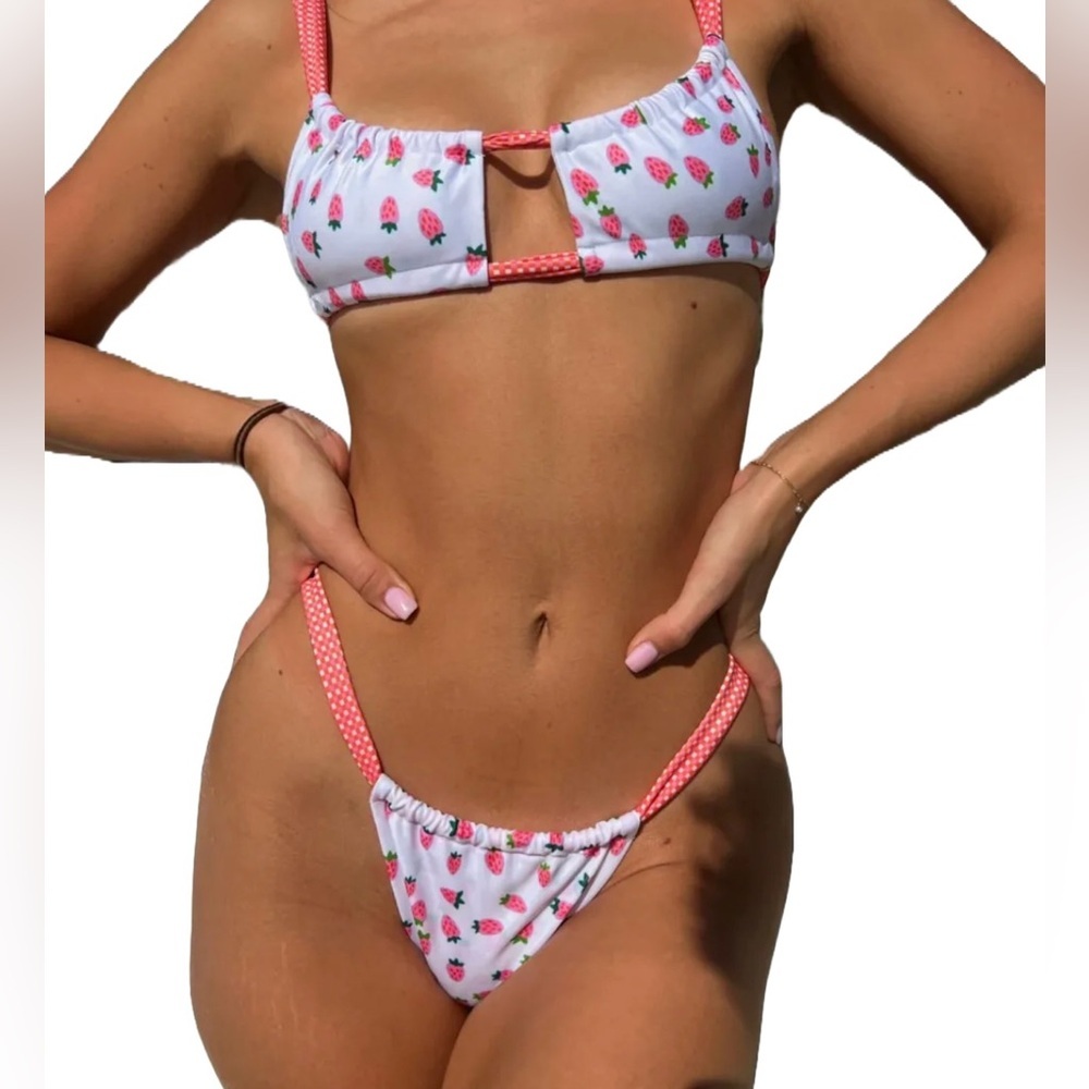 Strawberry Print Red Gingham Trim Brazilian Bikini Set